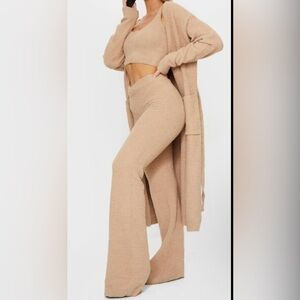 Honeybum 3 Piece Cozy Knit Loungewear Set Tan Cardigan Pants Crop Top